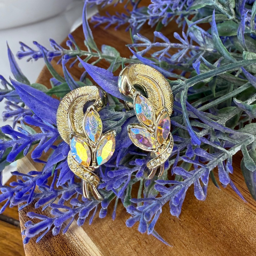 Vintage Coro Gold Tone Aurora Borealis Marquise Rhinestone Clip On Earrings